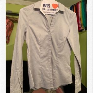 Gray button down shirt w small white polka dots